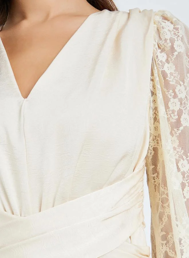 ستايلي فستان ميدي نسائي بأكمام دانتيل وحافة واسعة